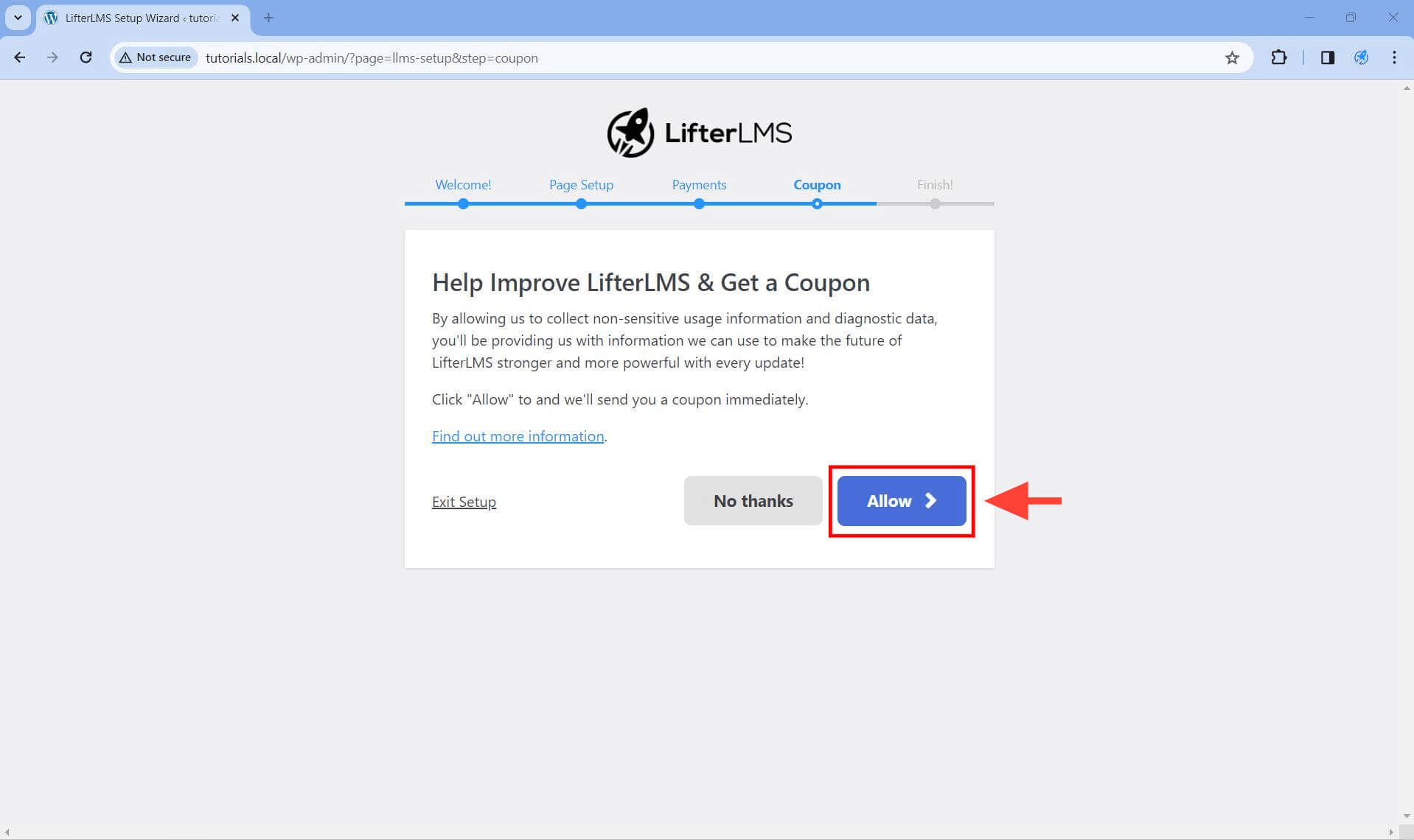 Setup Wizard Coupon screen.