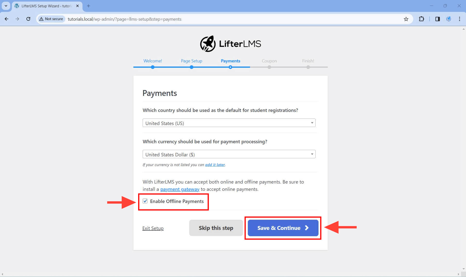 Setup Wizard Payments screen.