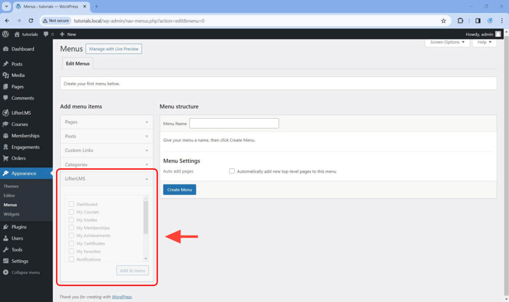The LifterLMS student dashboard endpoints can also be added as menu items.