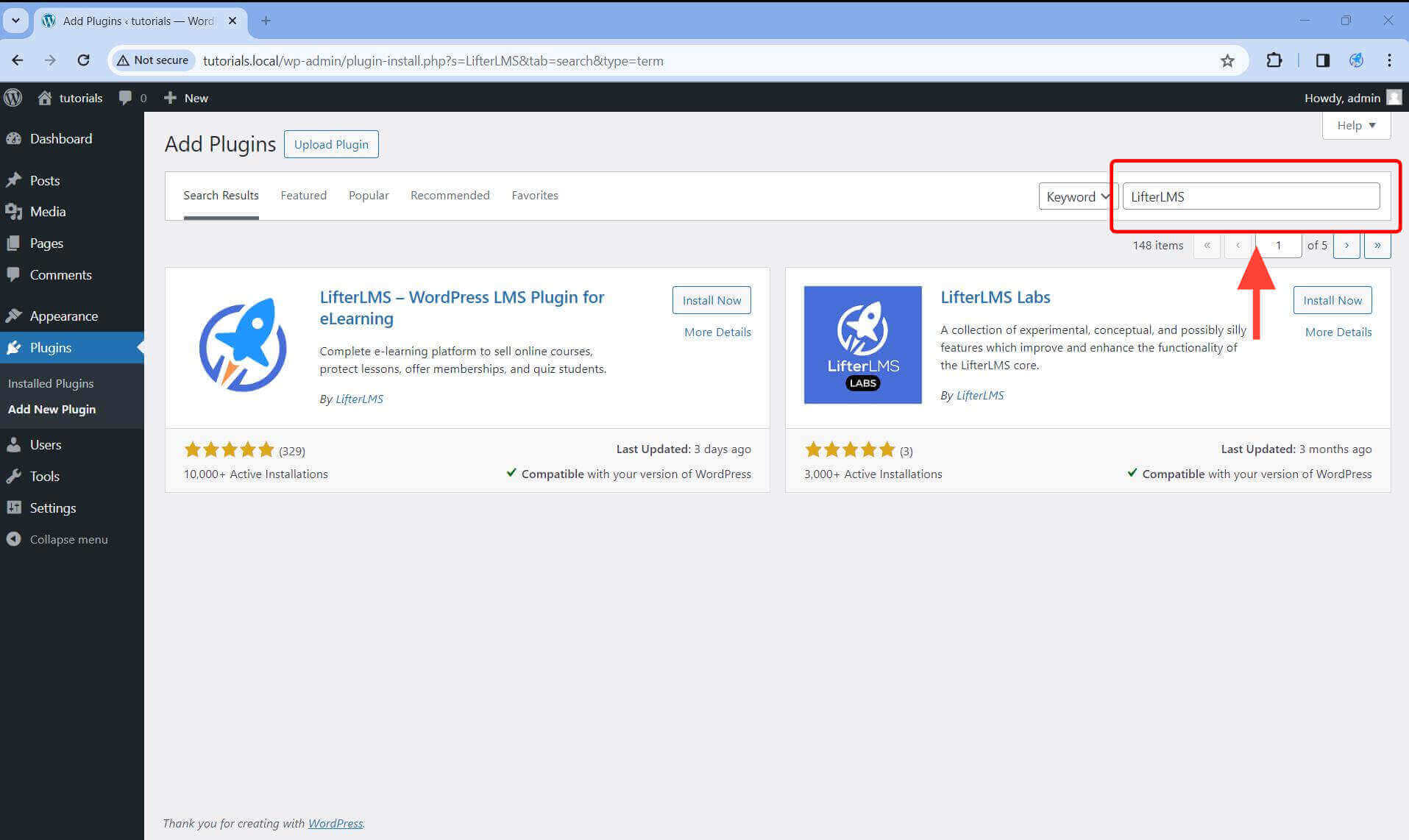 Type “LifterLMS” in the search field.