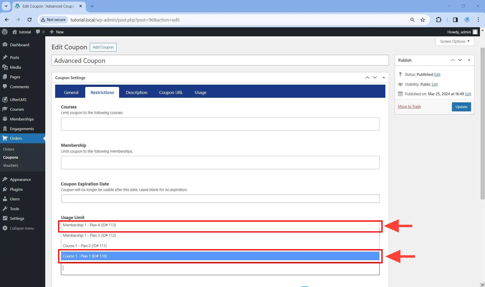 Access Plans field dropdown under the Restrictions tab.