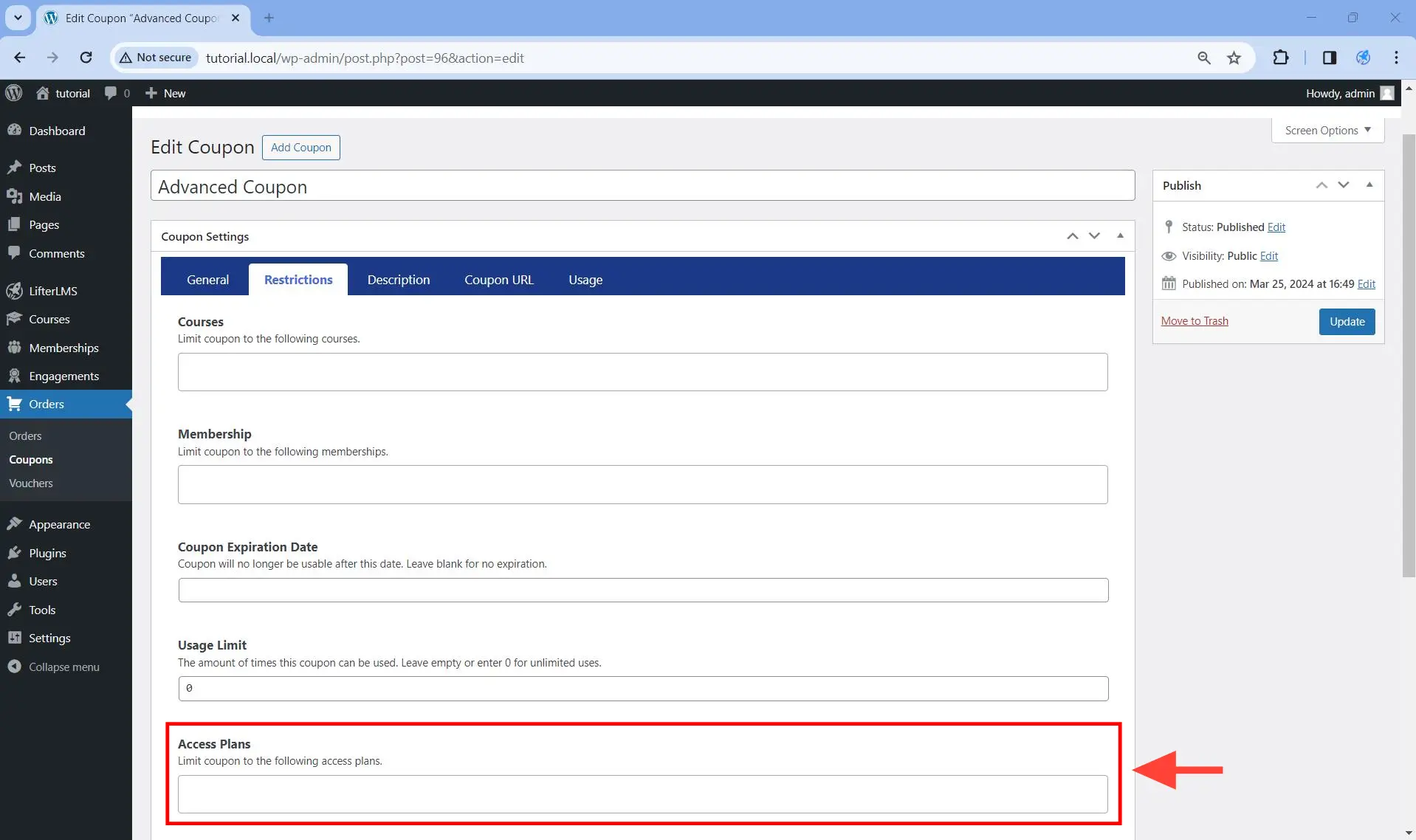 Access Plans fields under the Restrictions tab.