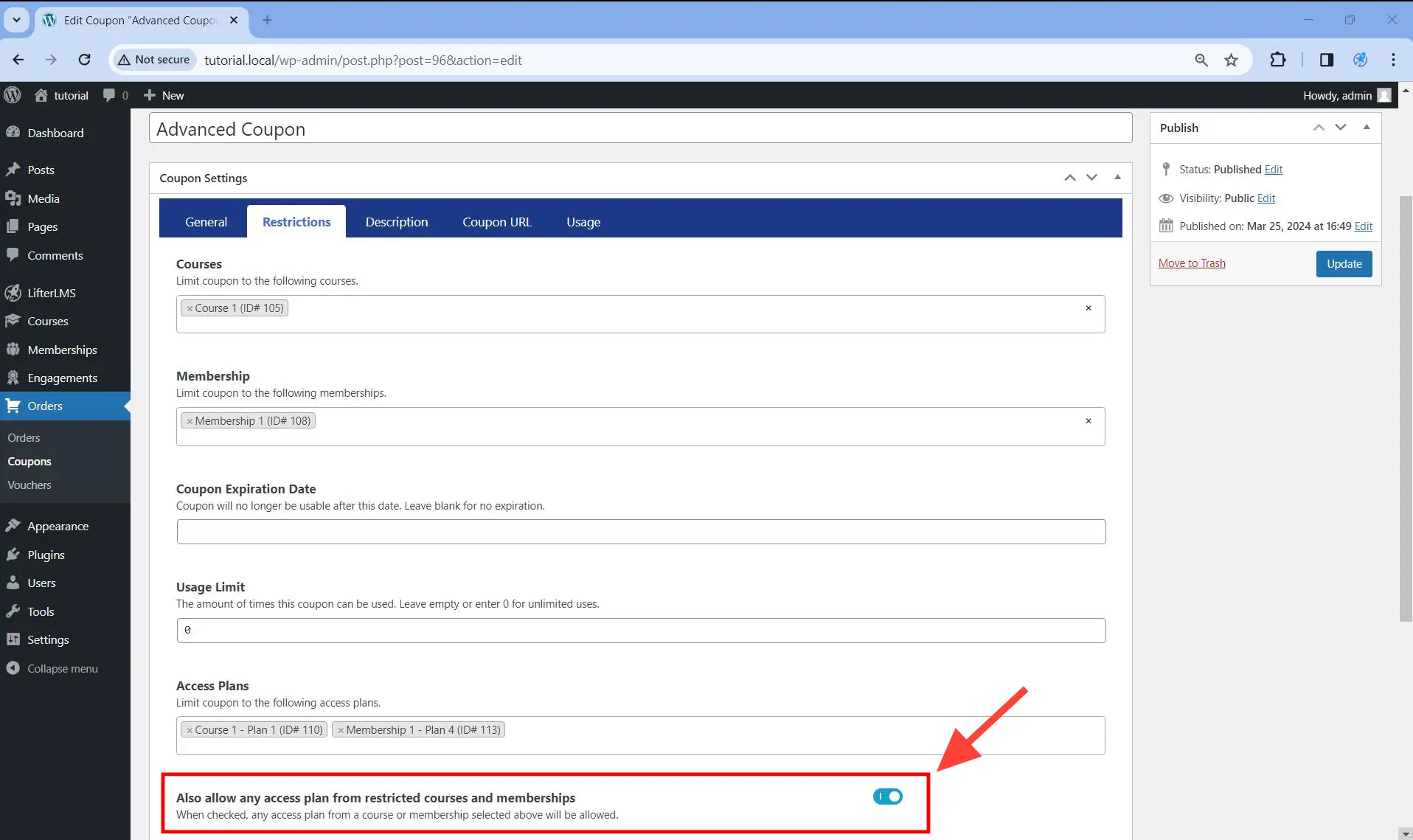 Allow any access plan from restricted courses and memberships turned on.