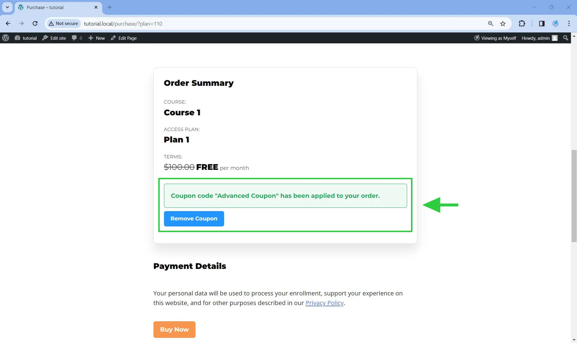 Applying the coupon on the correct access plan.