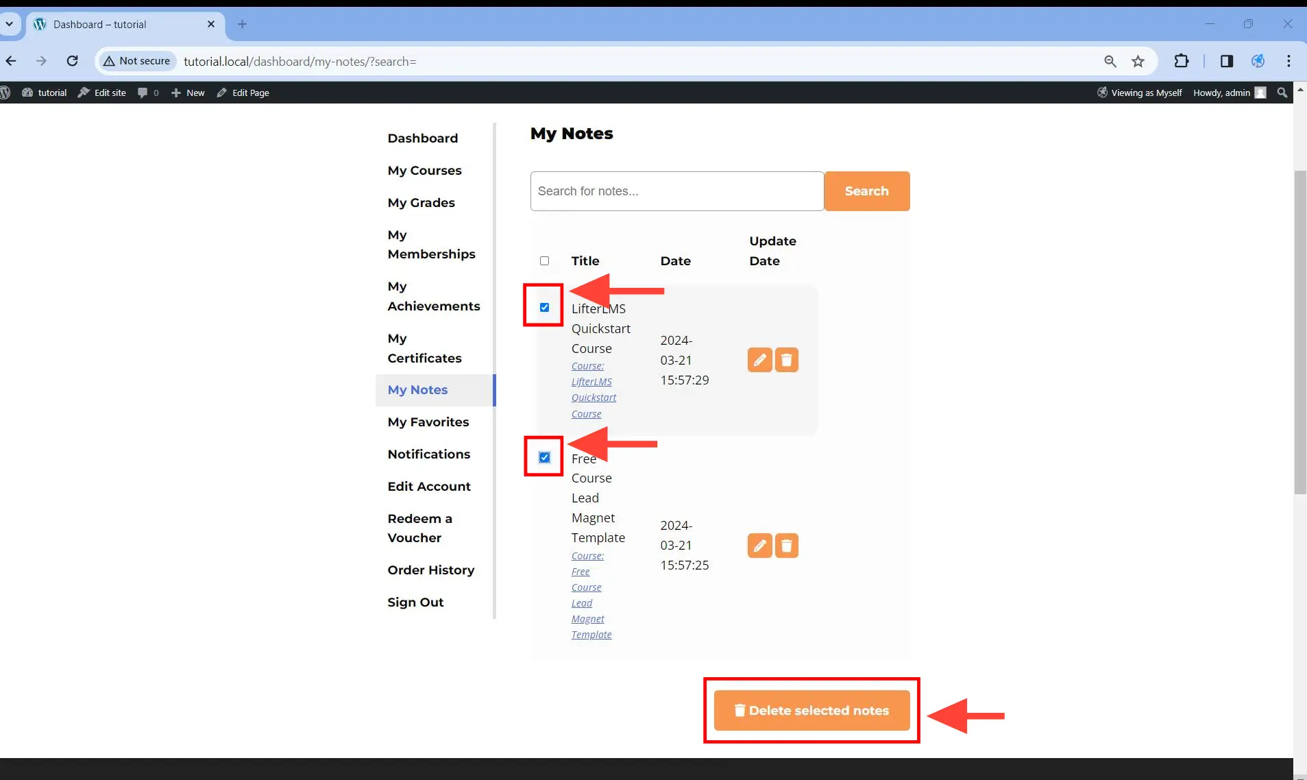 Bulk-delete your notes by selecting the checkbox next to the note and then clicking on the Delete Selected Notes button.