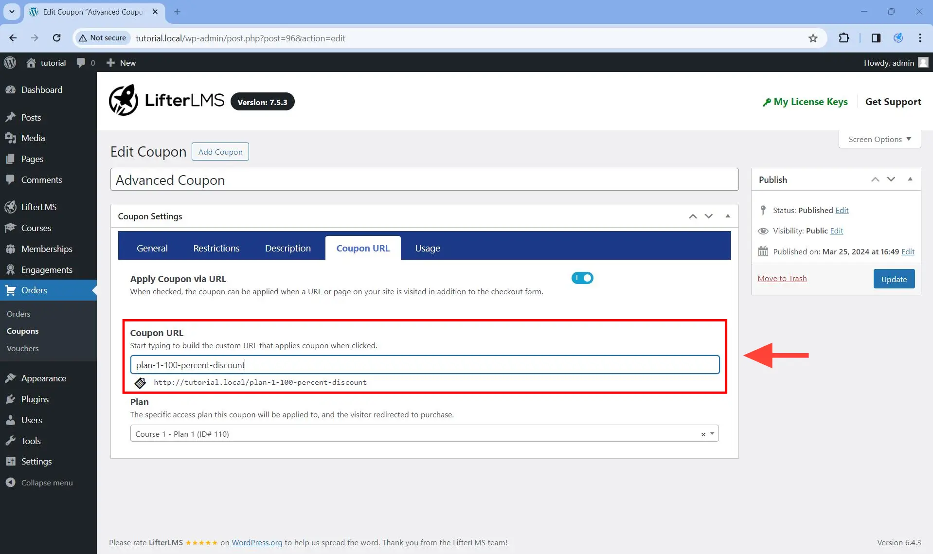 Construct the coupon URL by adding some text in the Coupon URL field.
