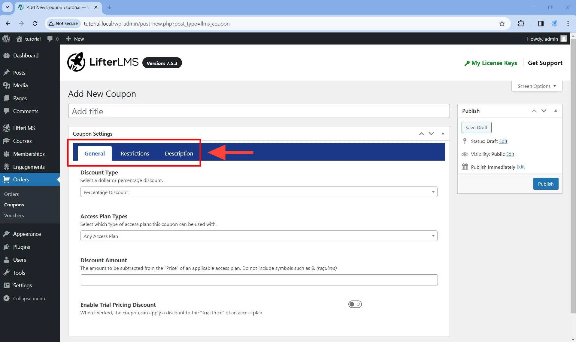 Coupon Settings tabs without the Advanced Coupons add-on.