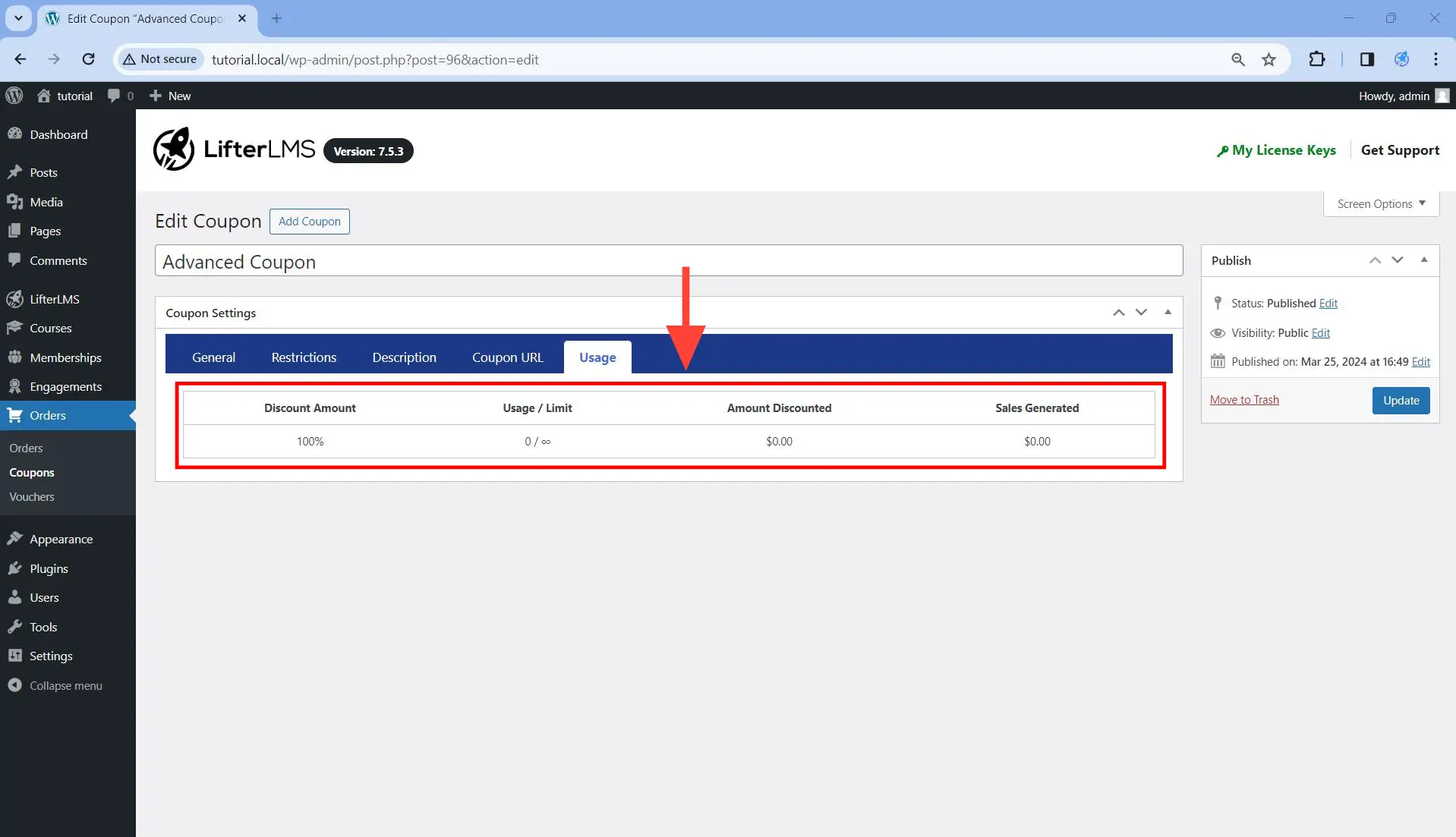 Data displayed in the Usage tab.