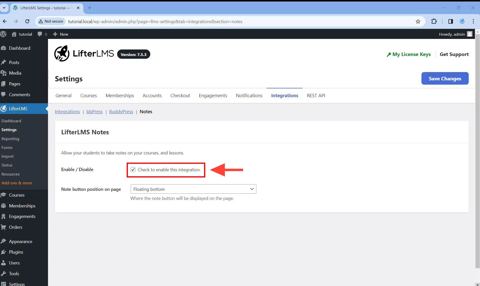 Enable the LifterLMS Notes add-on.
