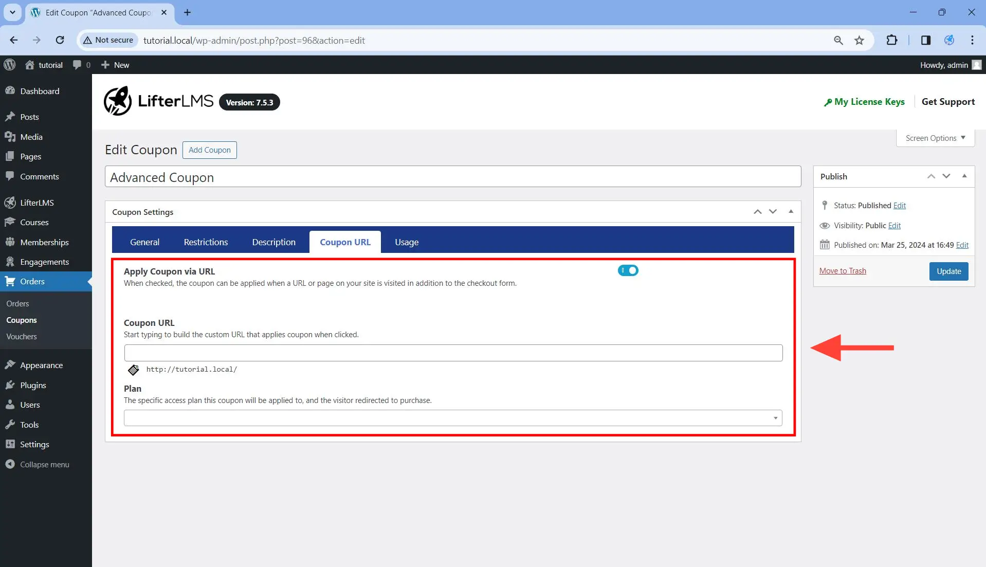 Fields inside the new Coupon URL tab.