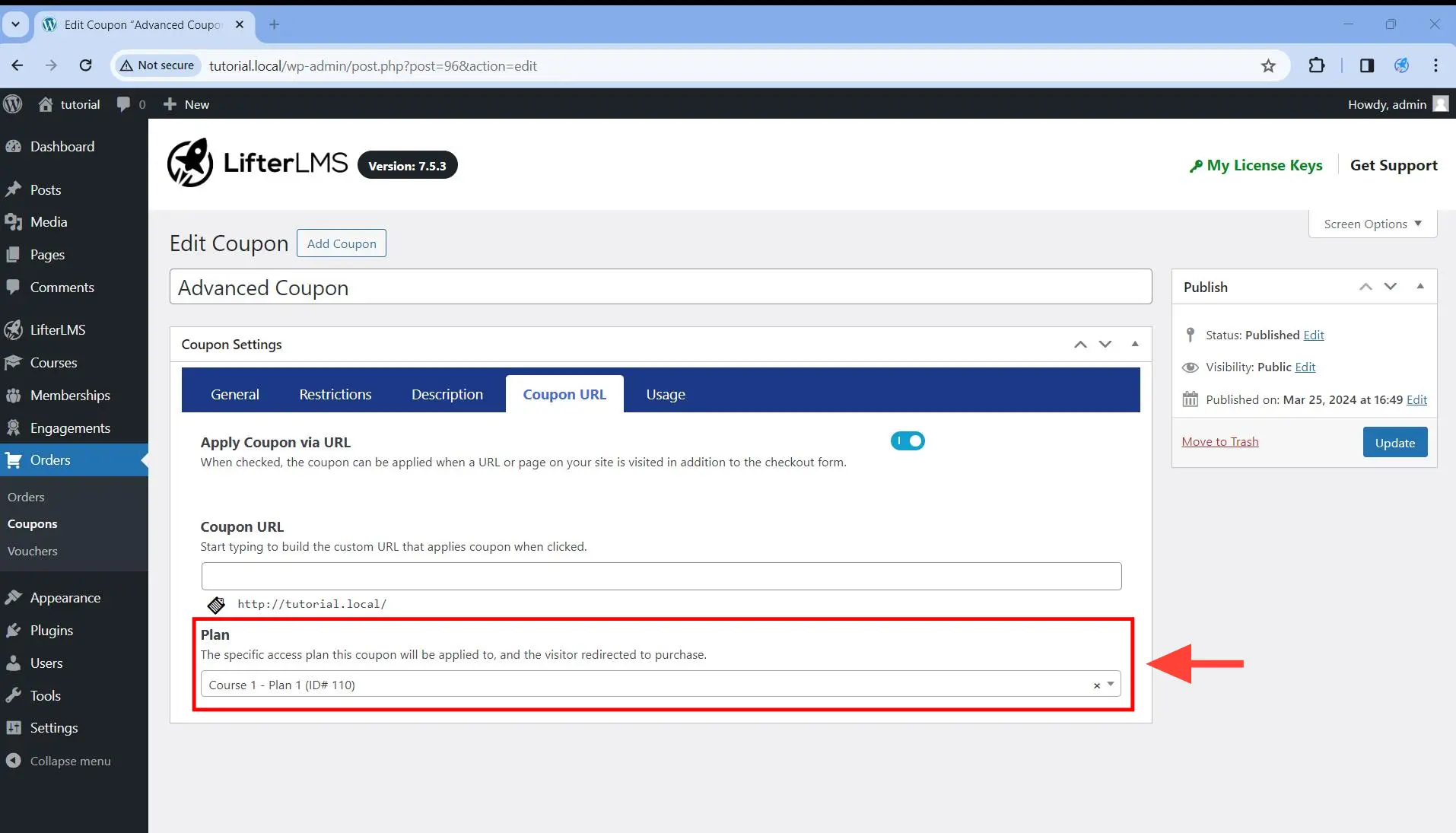 From the Plan dropdown, select the plan you want to apply the coupon to when the coupon URL is visited.
