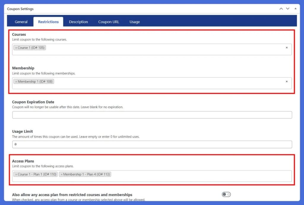 LifterLMS Advanced Coupons - Access Plan Restrictions