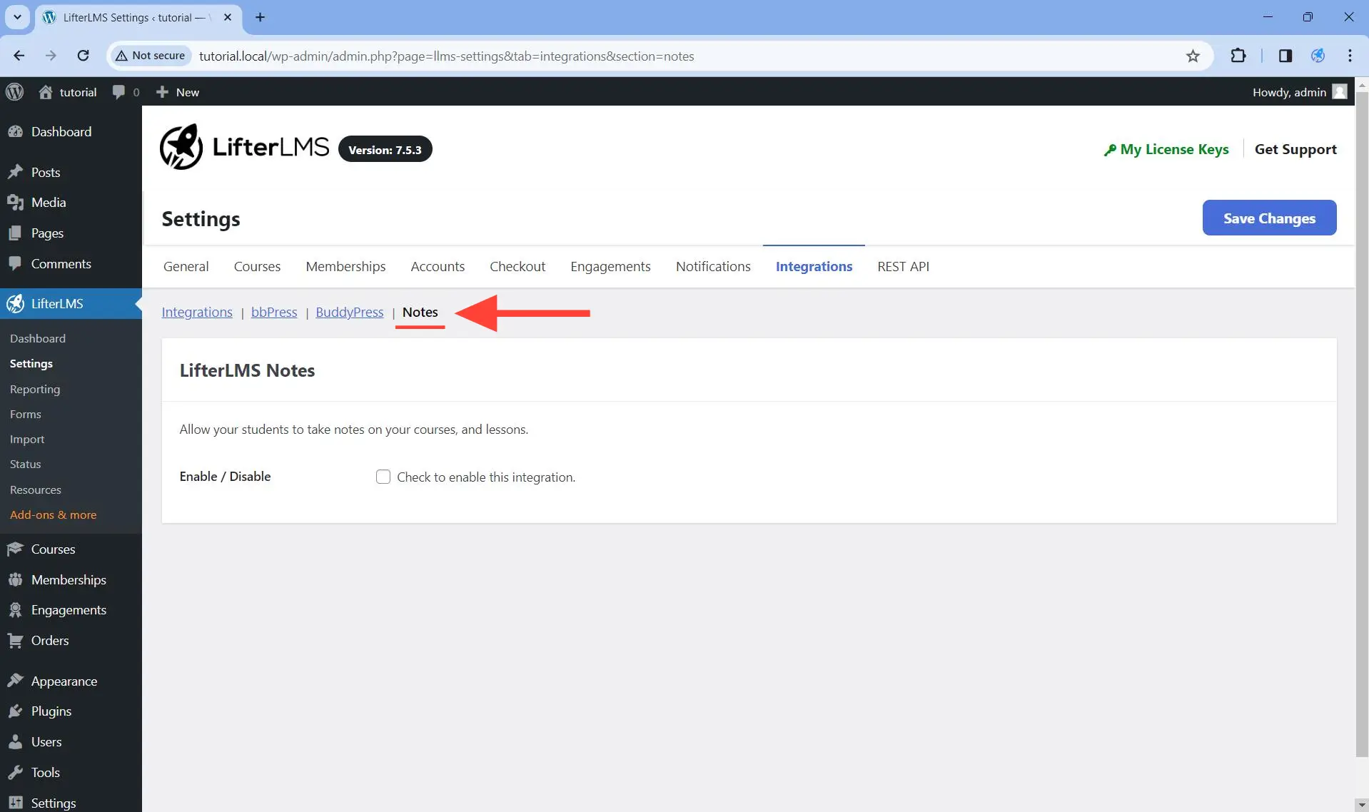 Notes tab under LifterLMS Integrations tab.