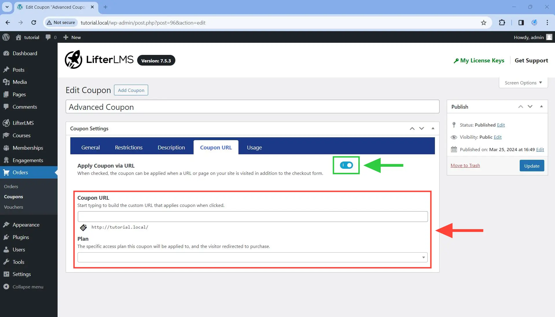 Once enabled, this will make the Coupon URL and Plan fields visible.