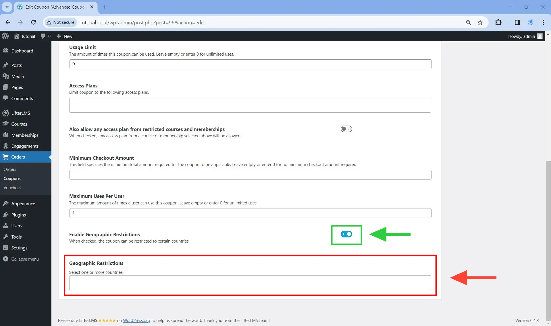Once you turn on Enable Geographic Restrictions, you will be able to provide a list of countries under Geographic Restrictions.