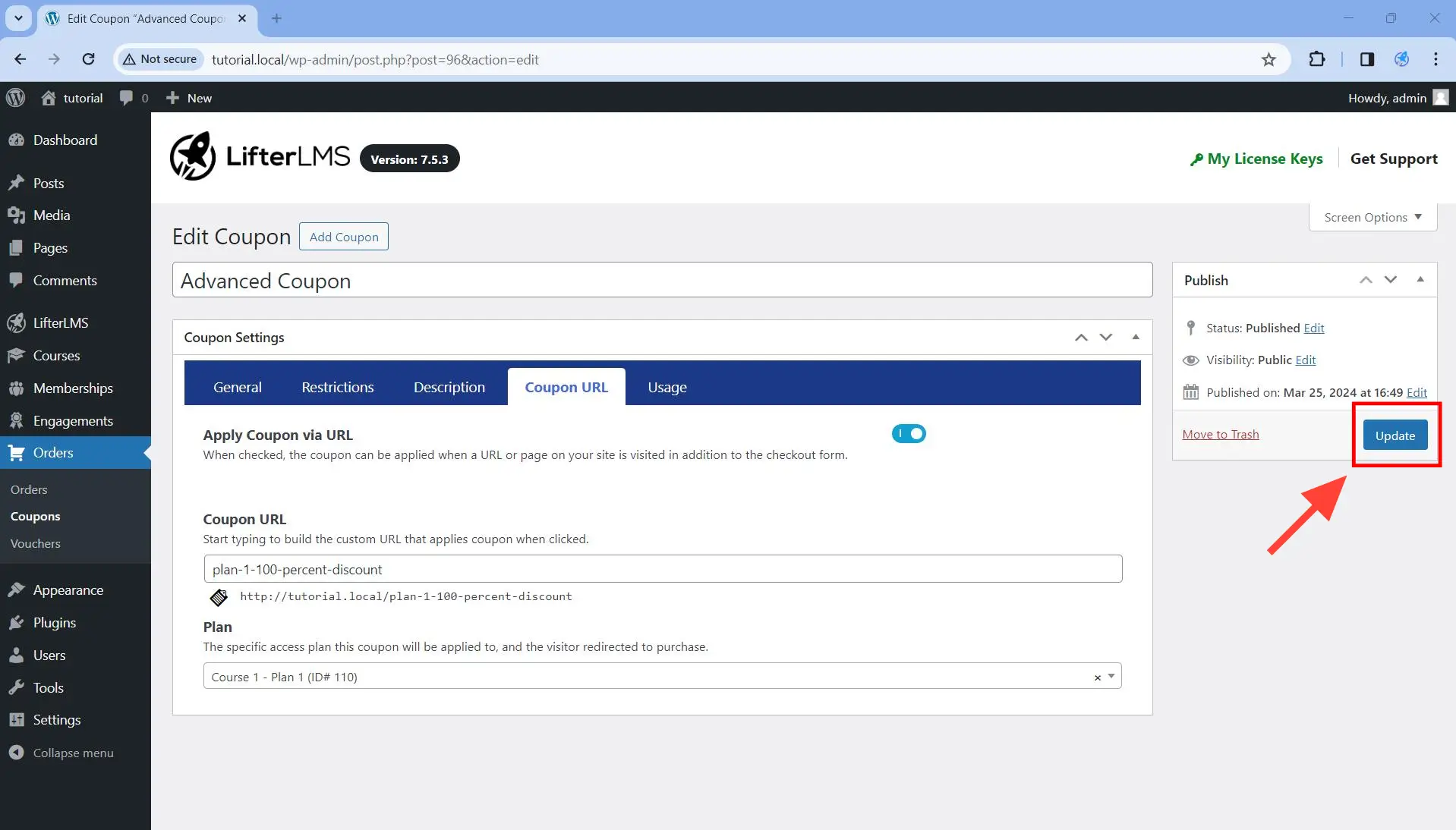 Save the changes by clicking on the Update button.