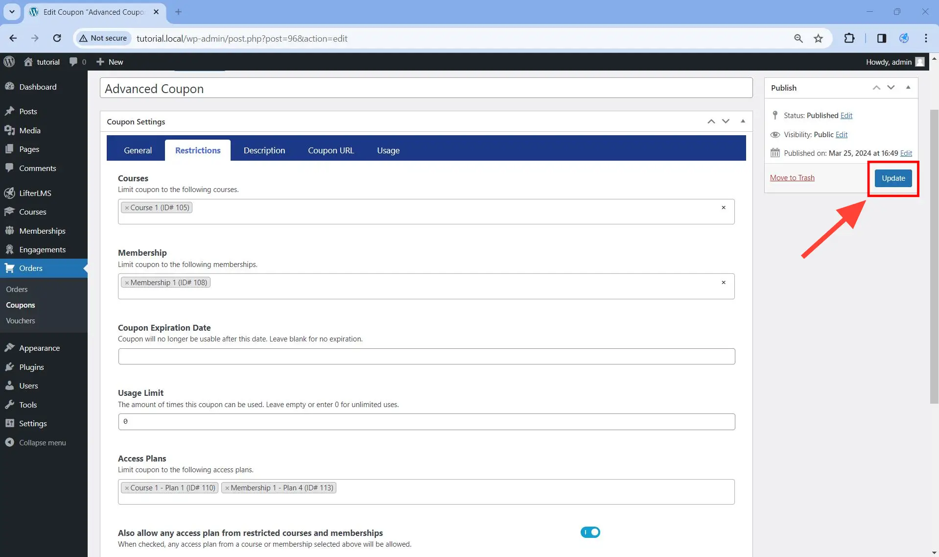 Save the changes once you are done allowing course and membership restrictions.