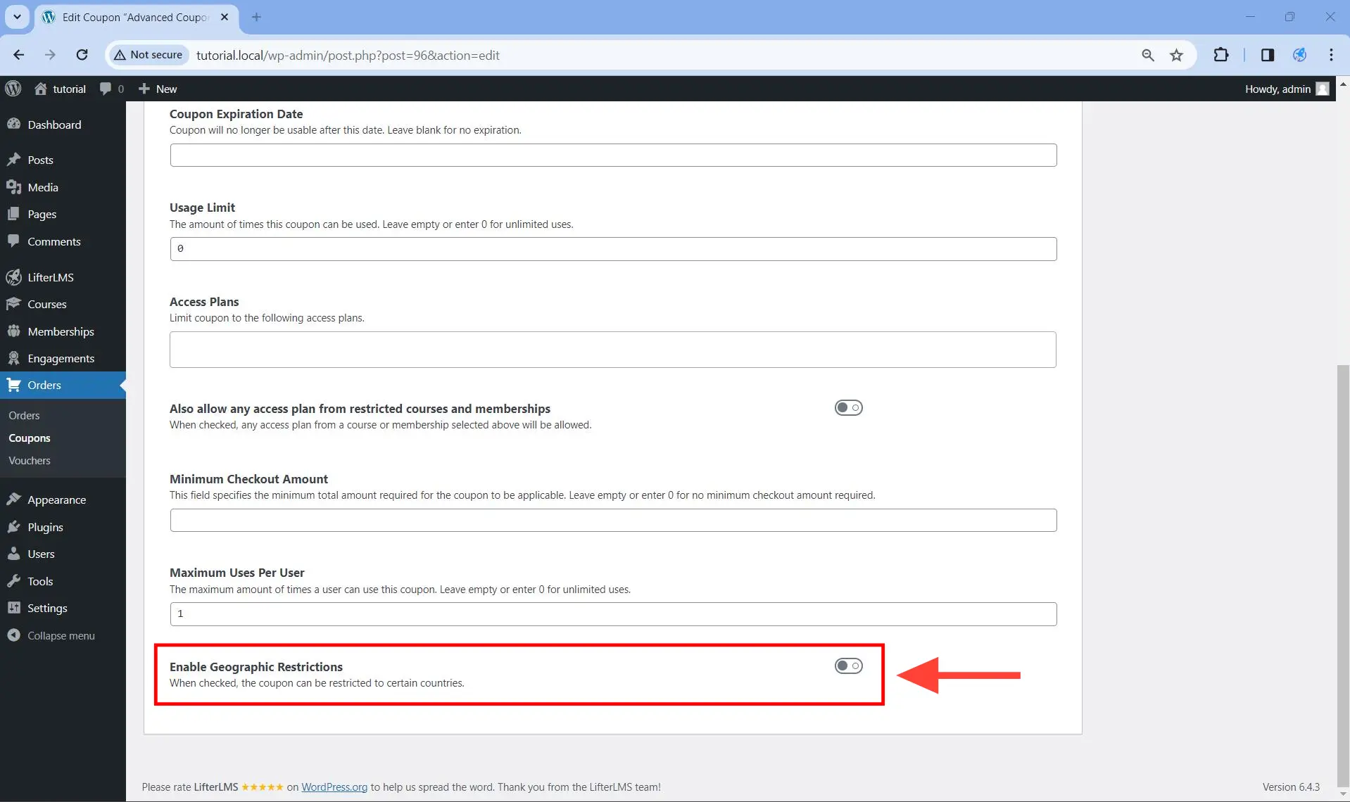 Scroll down to and toggle on Enable Geographic Restrictions.
