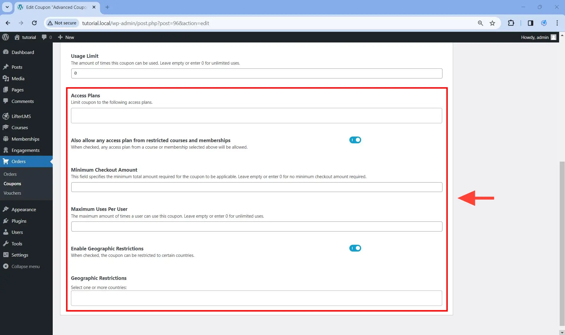 These are the additional fields in the Restrictions tab after activating the Advanced Coupons add-on.