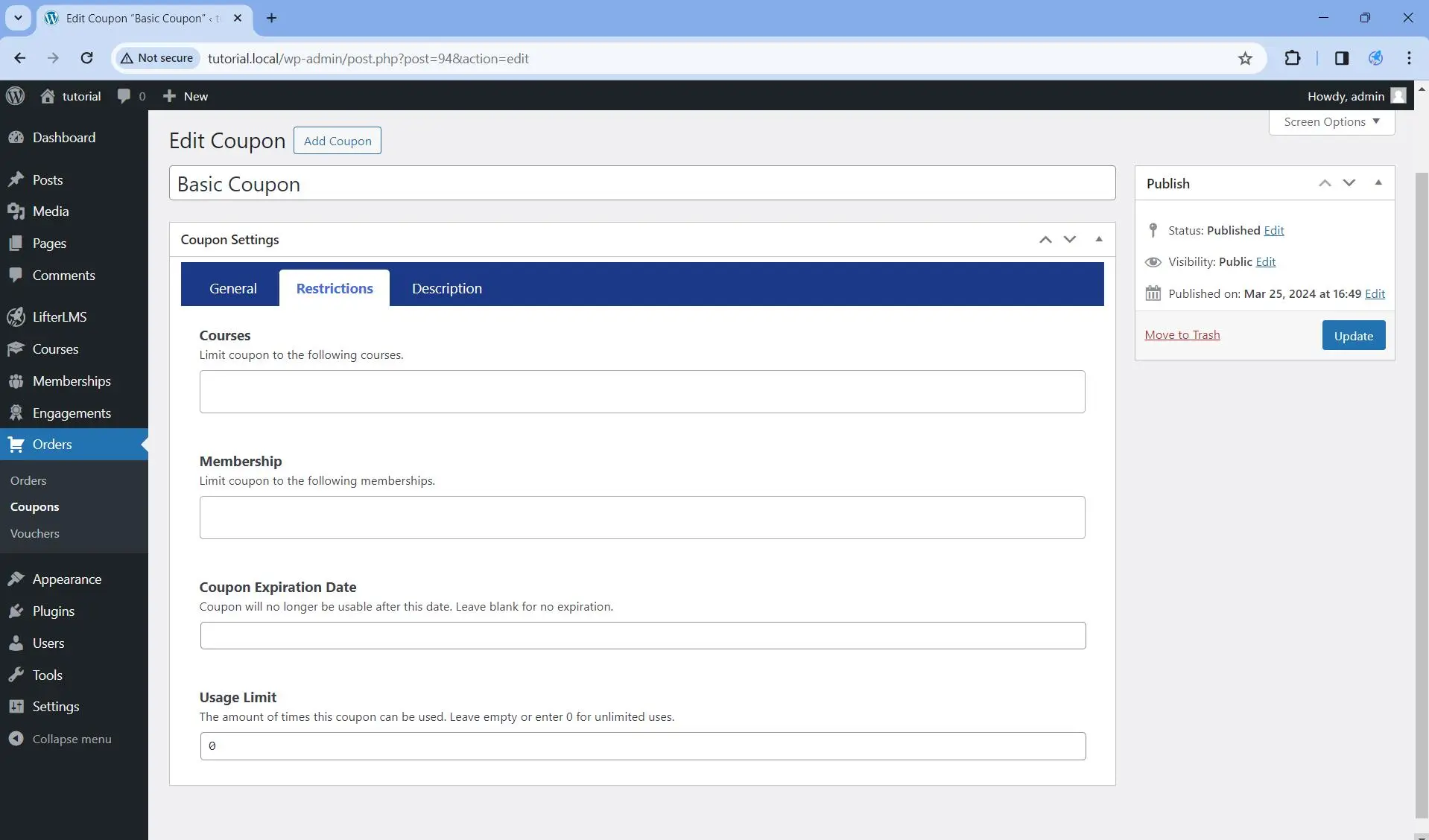 This is what the Restrictions tab looks like without activating the Advanced Coupons add-on.