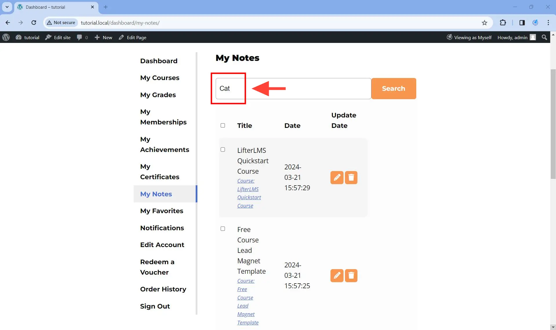 Type the text you want to search for in the Search for notes… field.
