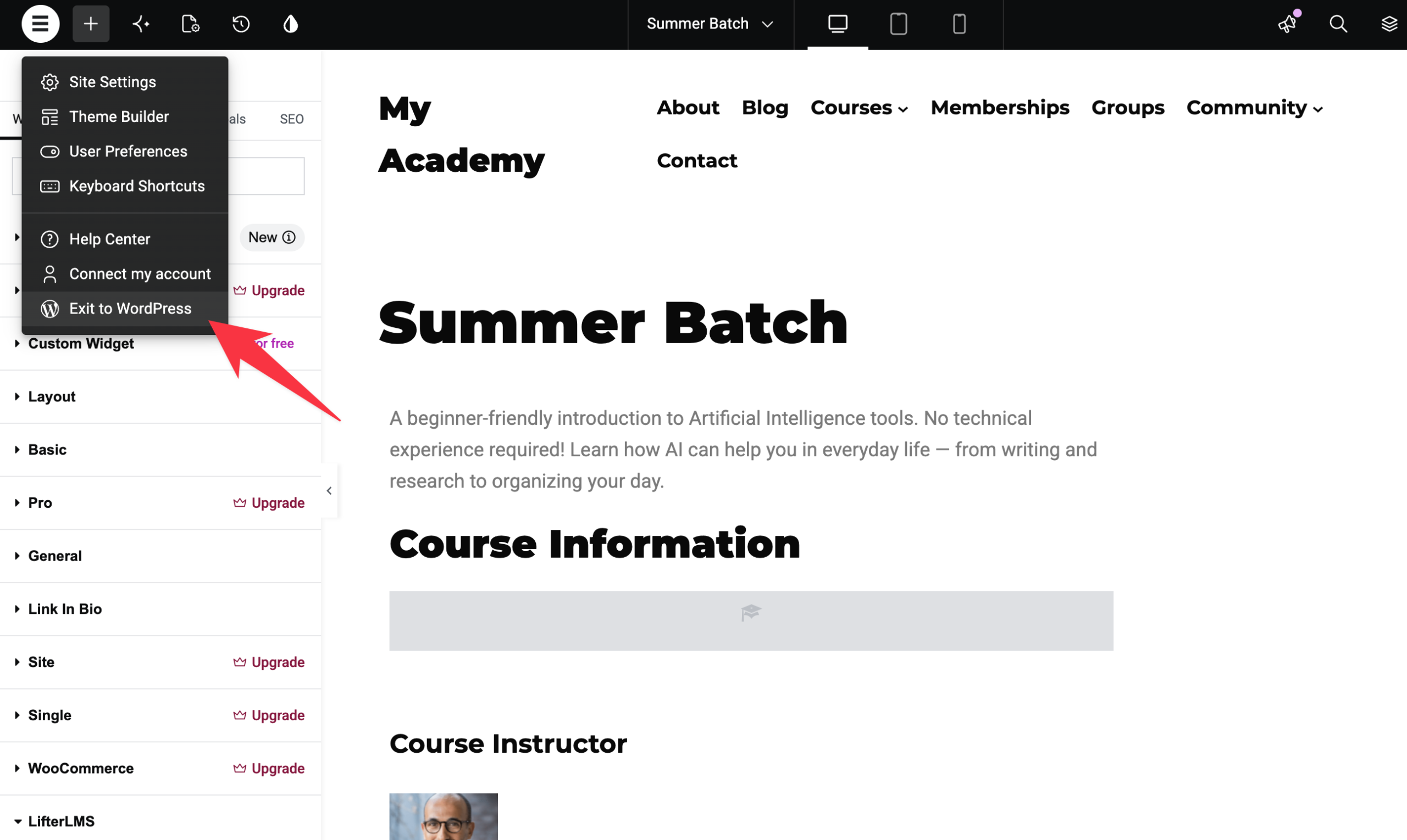 Exit Elementor Course editor