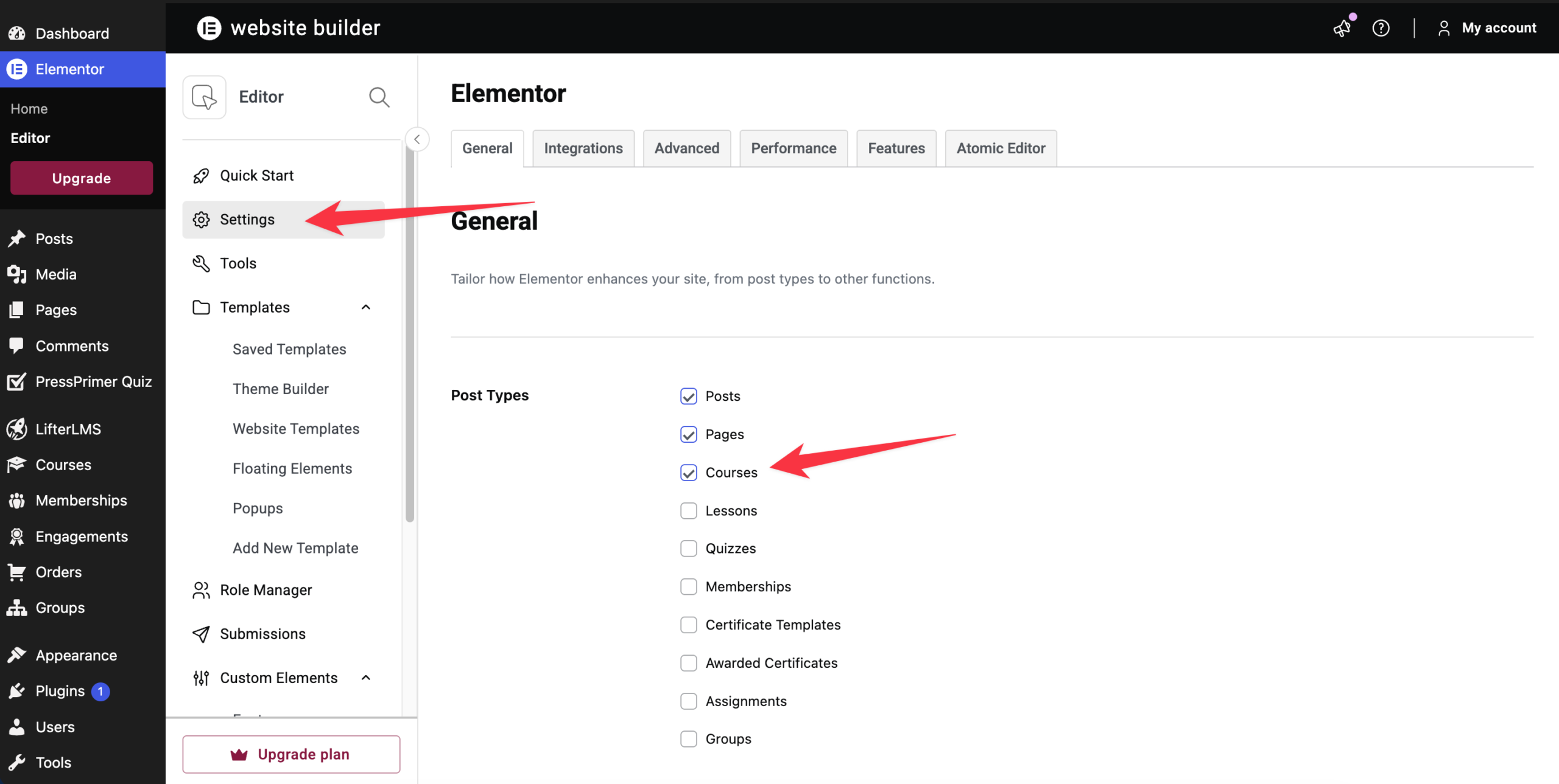 enabling elementor LifterLMS