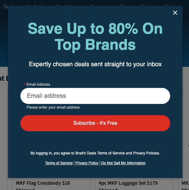  Brad’s Deals opt-in form popup.

