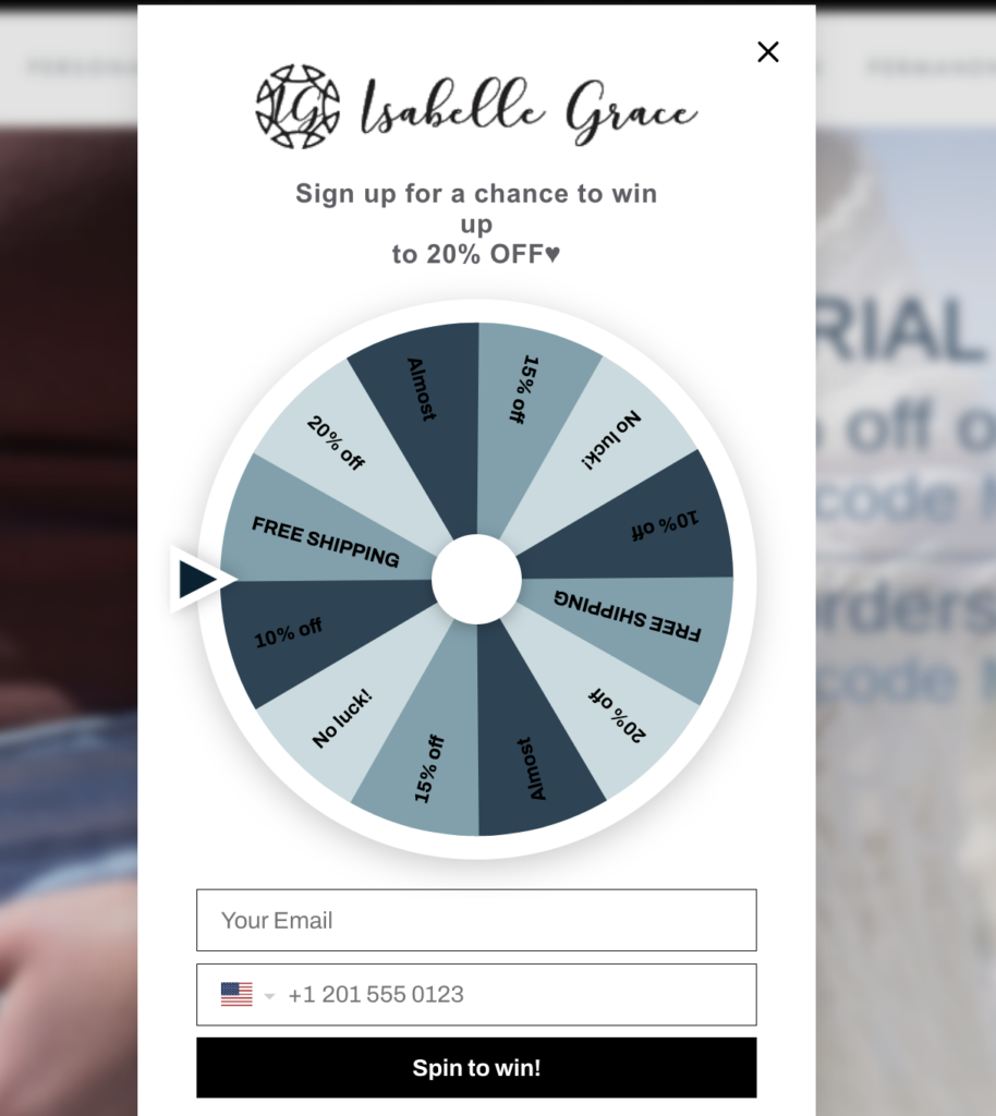  Isabelle Grace’s lucky wheel popup.
