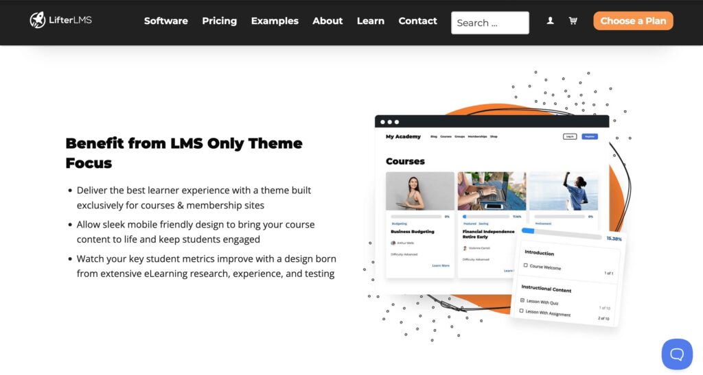 Best WordPress LMS Themes - Sky Pilot by LifterLMS. elearning wordpress theme webpage screenshot.