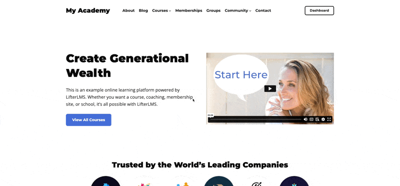 Best WordPress LMS Themes Sky Pilot by LifterLMS demo. Animated gif of the learning management system wordpress theme