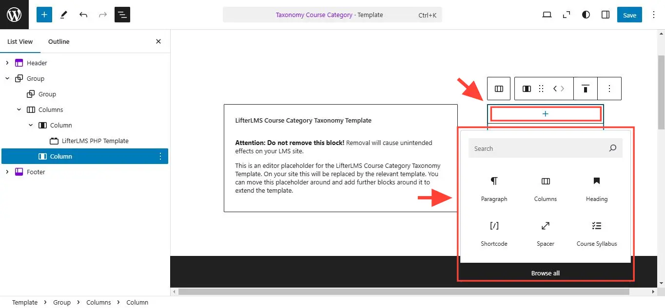 Add WordPress blocks inside that second column. These blocks will be your sidebar content