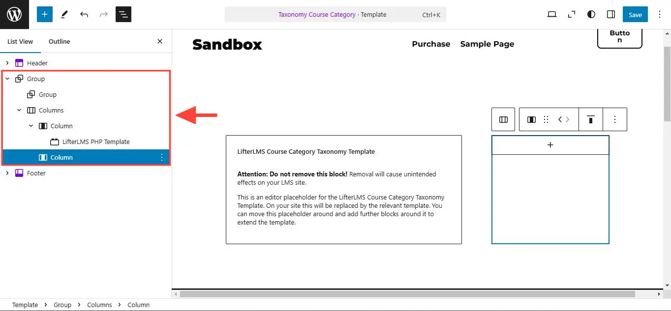 Add a Columns block so that one column contains the content of the template, while another column serves as the sidebar