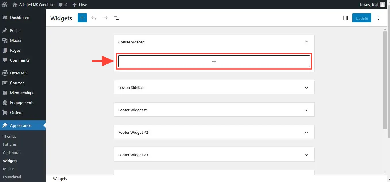Click on the “+” button in the Course Sidebar widget area.