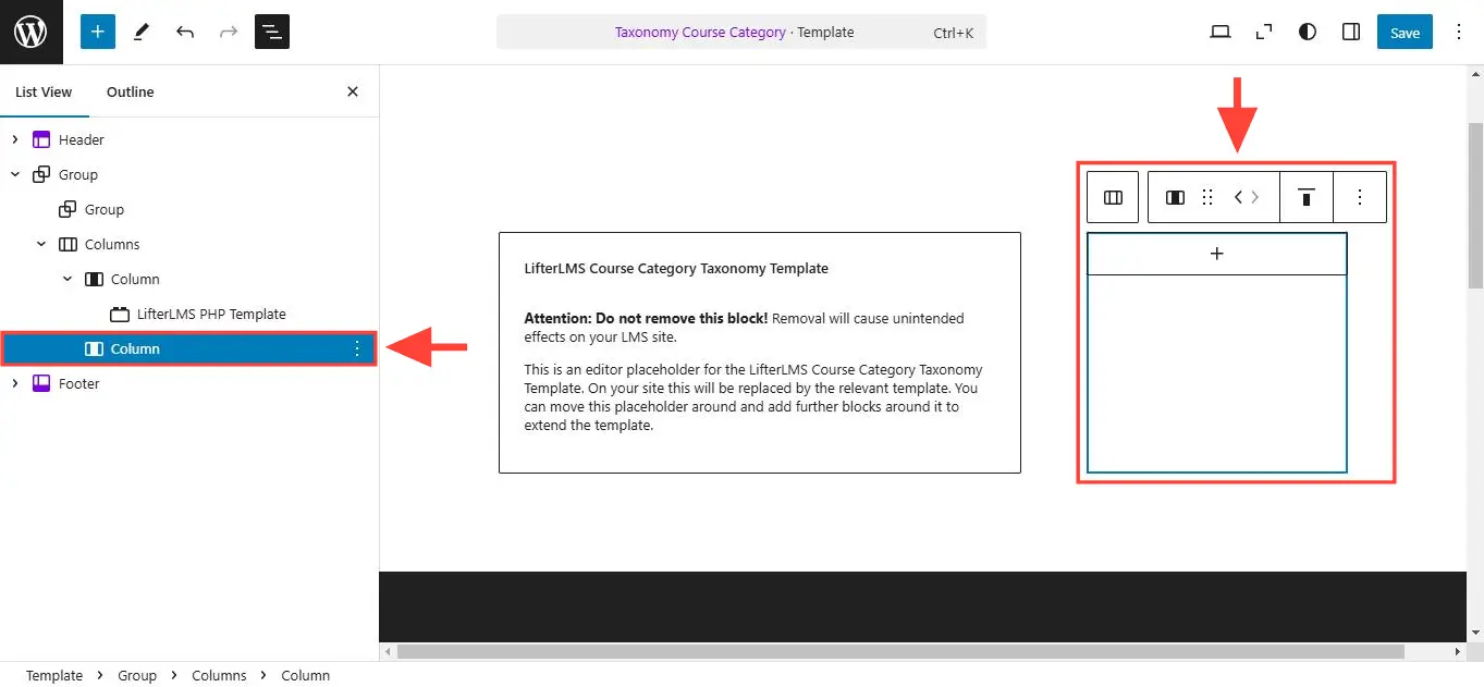 Click on the second column. Note that in a 66 33 layout, the second column is your sidebar
