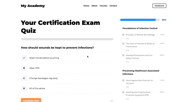 Create certification program online - gif of earning a certificate on a LifterLMS powered website