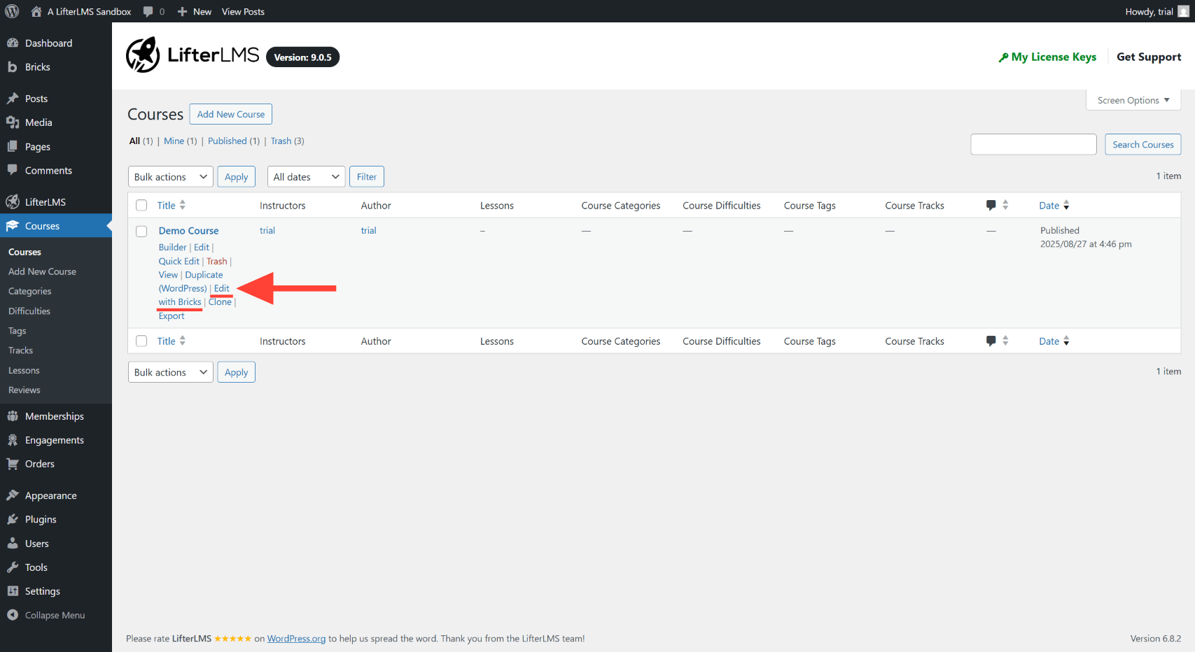 Click on the Edit with Bricks link in the lesson, course, membership list