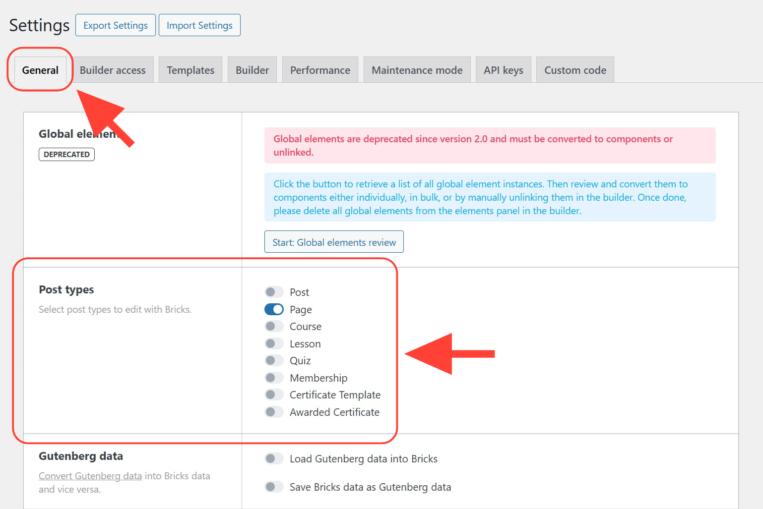 Under the General tab, scroll down to the Post types section