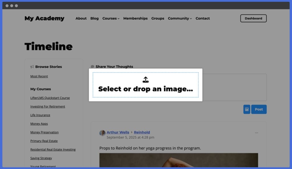 create an online community website where users can add image posts