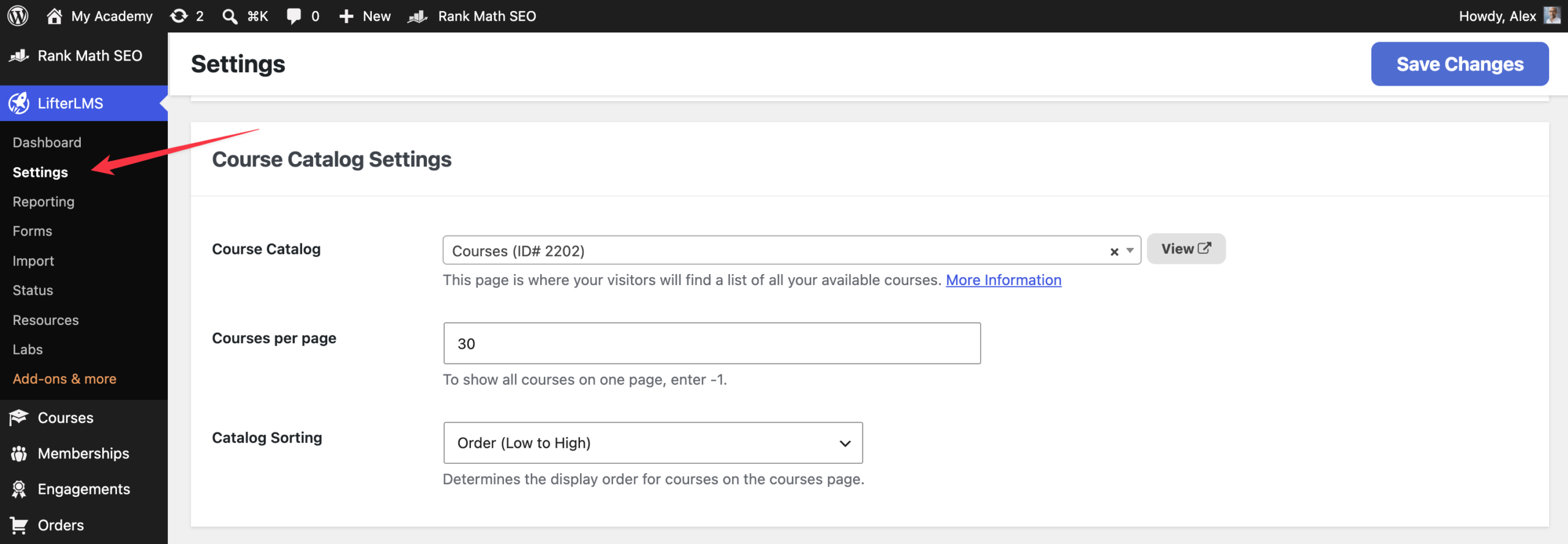 LifterLMS Course catalog settings
