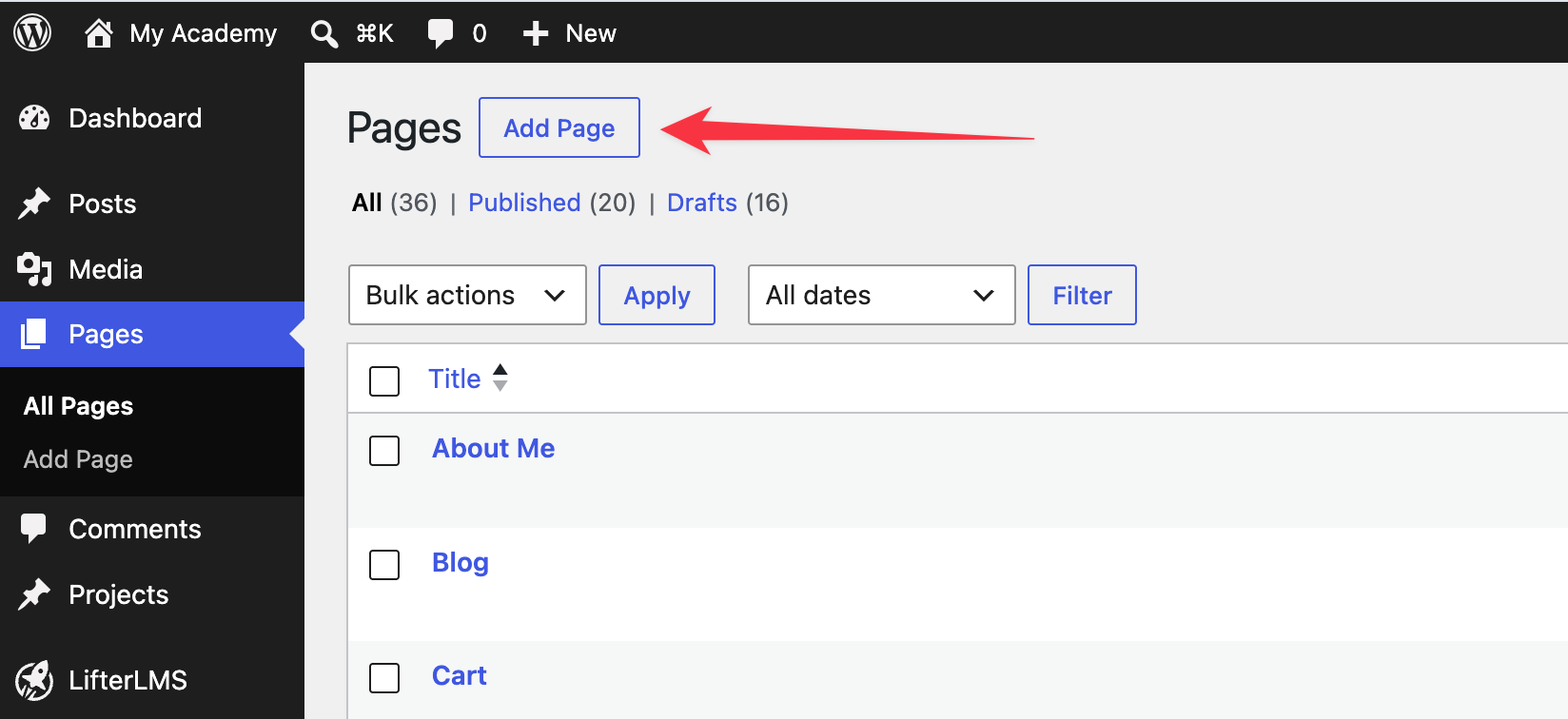 Add a page in WordPress