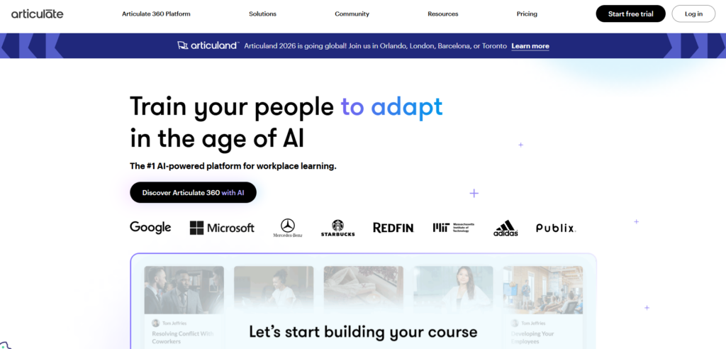 Articulate 360 homepage showing course creation platform and navigation menu