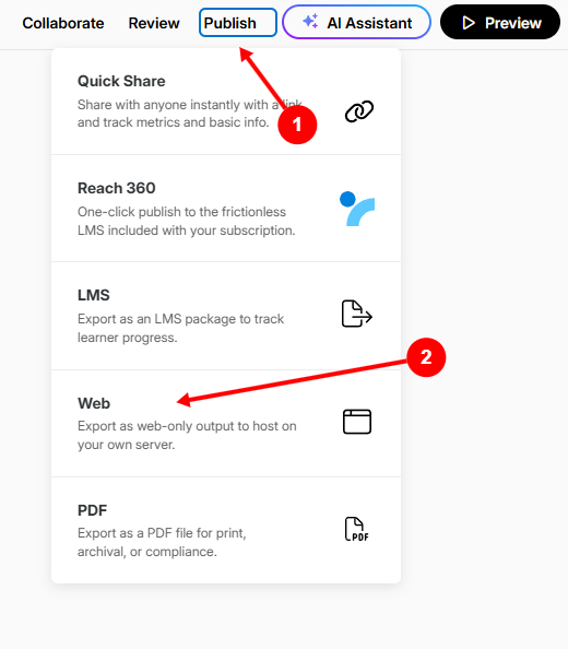 Articulate Rise 360 publish menu with Web export option selected
