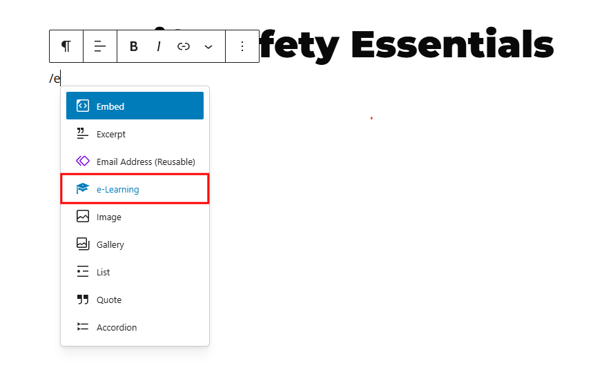 WordPress block editor showing eLearning block option in block selector menu