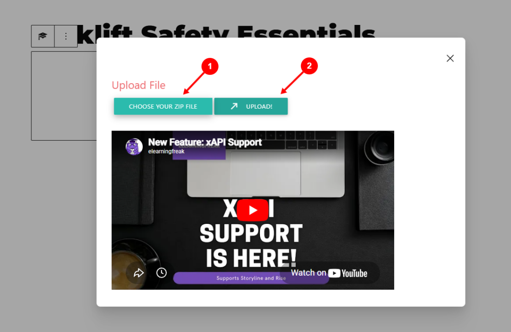 Upload window showing selected Articulate Rise ZIP file ready to upload