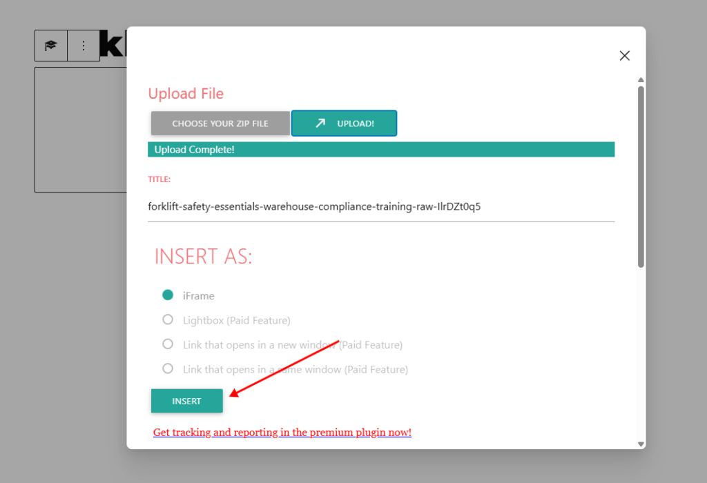 Upload complete screen showing insert button for embedding Articulate course in WordPress