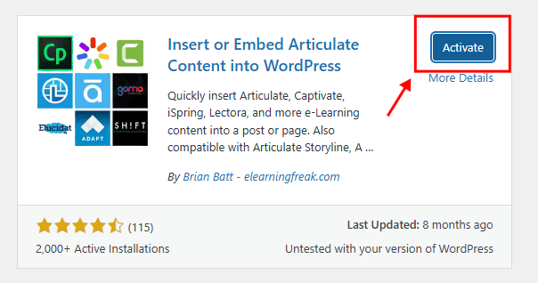 WordPress plugin directory showing “Insert or Embed Articulate Content into WordPress” with install and activate buttons