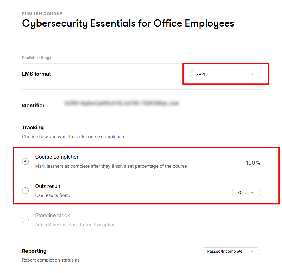 Rise provides several LMS formats, including SCORM, AICC, xAPI, and cmi5. For the workflow tested in this guide, use xAPI.