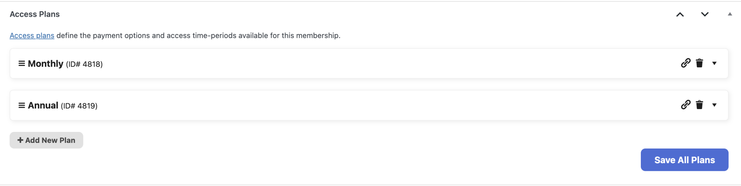 Screenshot of the LifterLMS Access Plans section showing multiple pricing plans configured for a membership bundle.