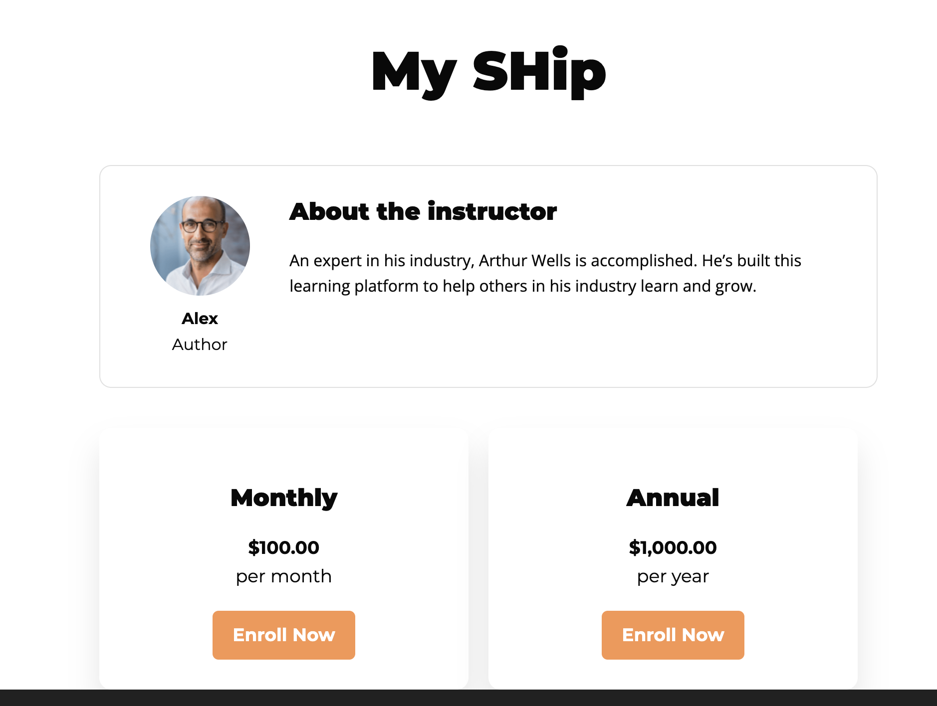 Example membership sales page displaying monthly and annual pricing options for a LifterLMS course bundle membership.